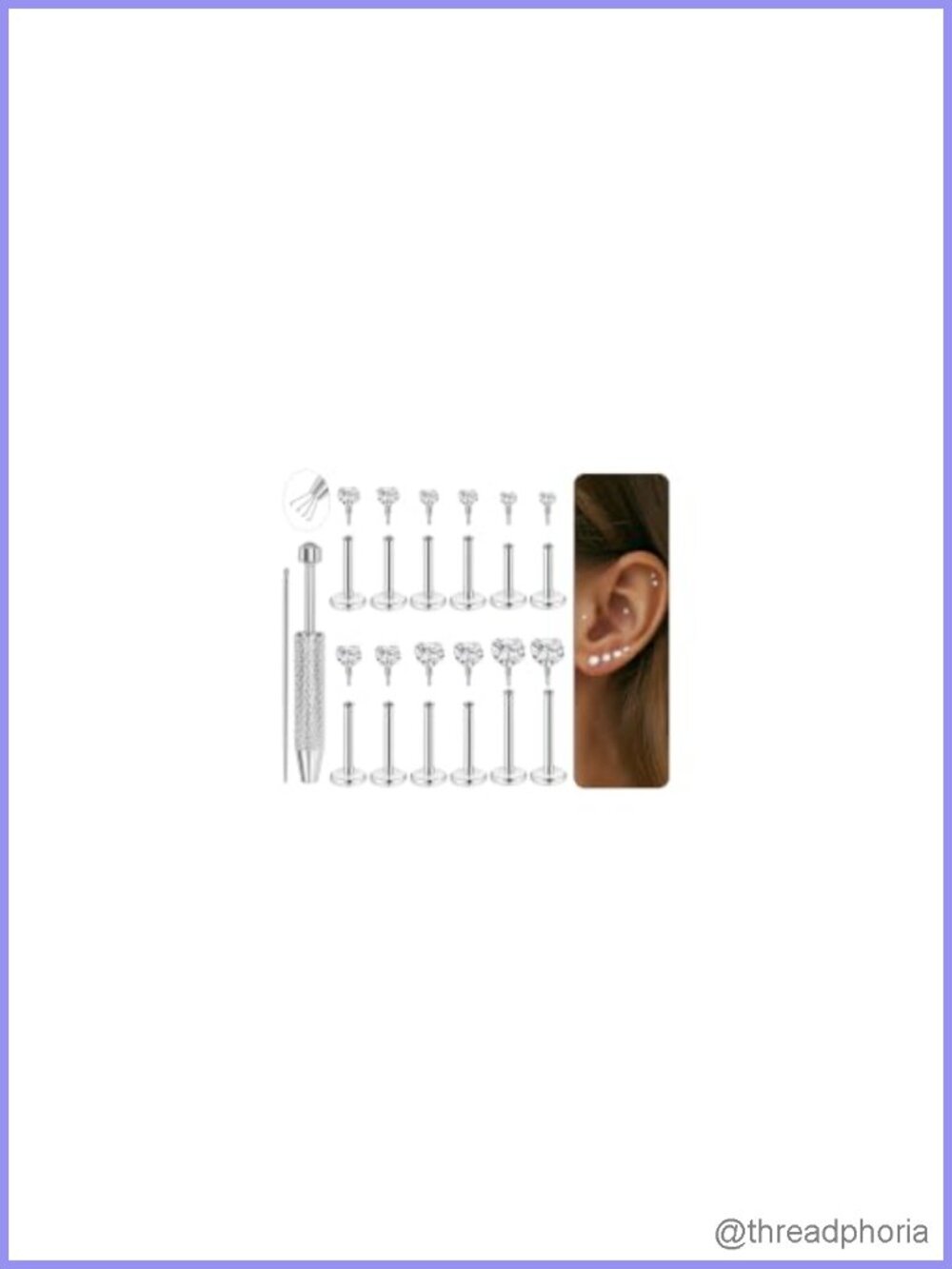 12Pc Flat Back Stud Earrings 316L Surgical Steel Internally Threaded CZ Piercing